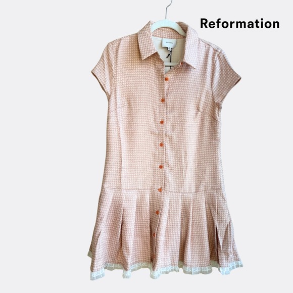 Reformation Effie Dress – Peach Check – Size 8 – NWT – Button Front Mini Dress - Picture 2 of 7